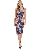 London Times Petite Floral-Print Ruched Sheath Dress
