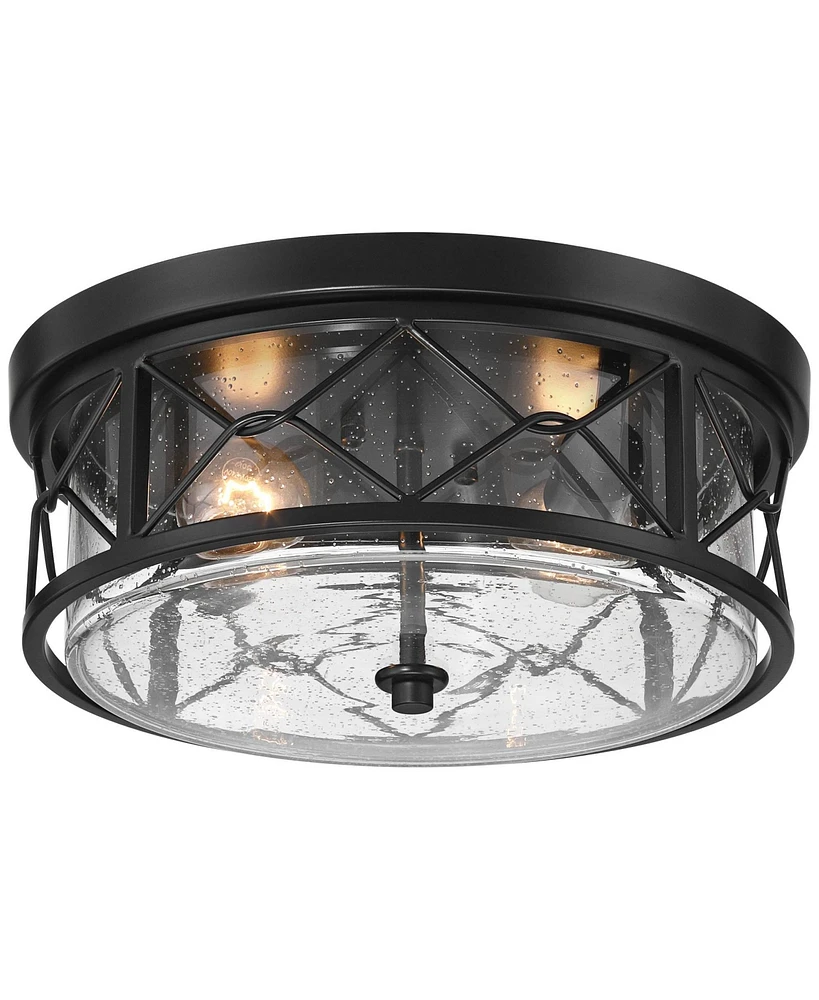 Franklin Iron Works Quincy 14" Industrial Flush-Mount Ceiling Light Fixture Kitchen Foyer Hallway Round Drum 2-Light Black Clear Seeded Glass Bedroom