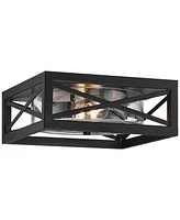 Franklin Iron Works Drake 12" Modern Industrial Flush-Mount Ceiling Light Fixture Kitchen Foyer Hallway Round 2-Light Black Clear Seeded Glass Metal B