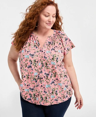 Style & Co Plus Printed Flutter-Sleeve Top, Exclusively at Macy's