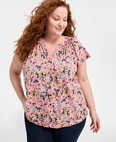Style & Co Plus Printed Flutter-Sleeve Top, Exclusively at Macy's