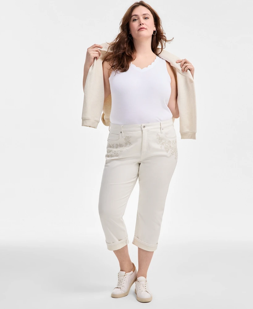 Style & Co Plus Embroidered Mid-Rise Curvy-Fit Capri Jeans, Exclusively at Macy's