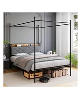 gaomon Queen Size Canopy Bed Frame With Charging Station, Metal Bed Frame With Padded Headboard And 4" Storage Platform,11" Of Under Bed Space, No Box