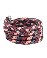 American West Jewelry Sterling Silver Multi-Color Braided Pink, Maroon and Berry Leather Coil Wrap Bracelet, 34 Inches