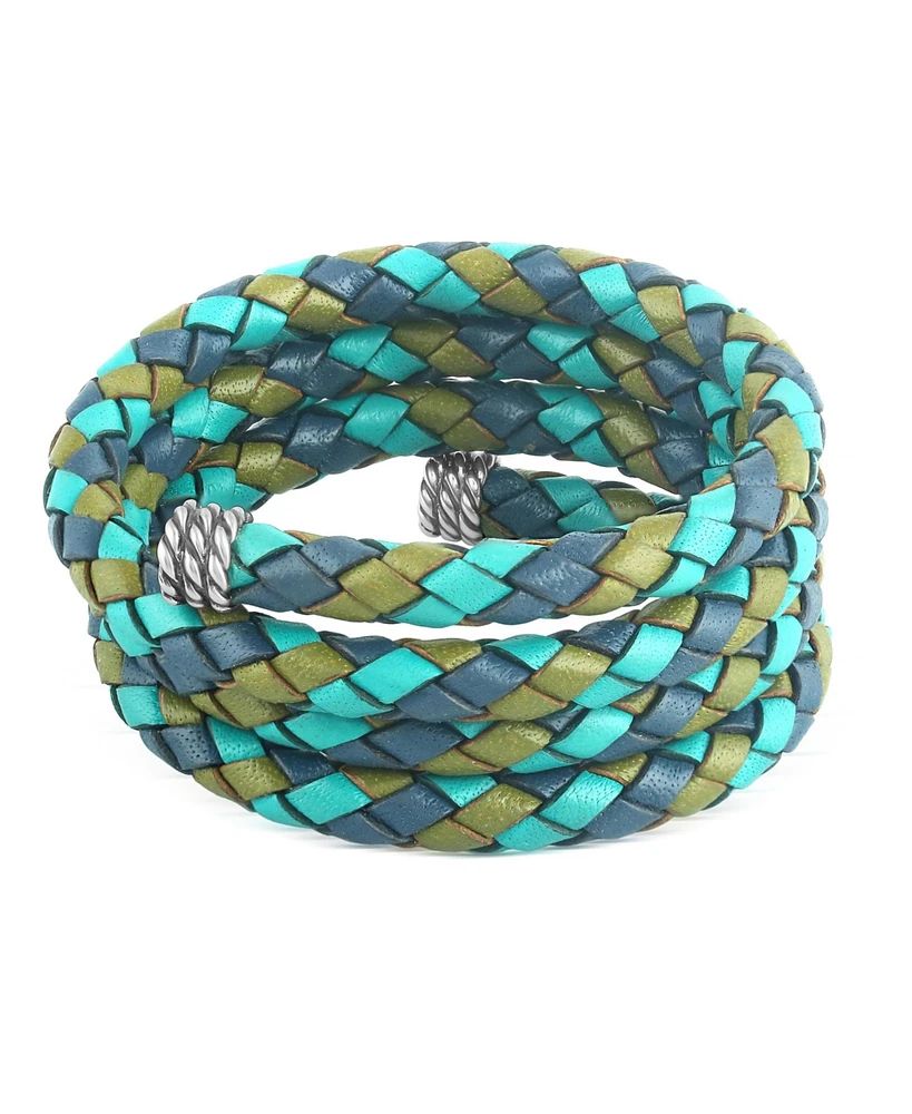 American West Jewelry Sterling Silver Multi-Color Braided Blue, Turquoise and Lime Leather Coil Wrap Bracelet, 34 Inches