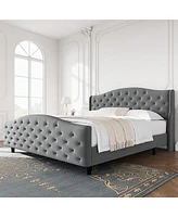 gaomon Queen/King Velvet Bed Frame With Headboard And Footboard, Tufted Wingback Headboard, Upholstered Platform Bed, Strong Wooden Slats, No Box