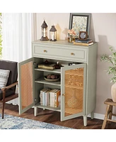 Tribesigns Shoe Cabinet with Doors and Drawer, Modern Shoe Storage Cabinet for Entryway, Rattan Shoes Cabinet with Adjustable Shelf, Wooden Shoe Organ