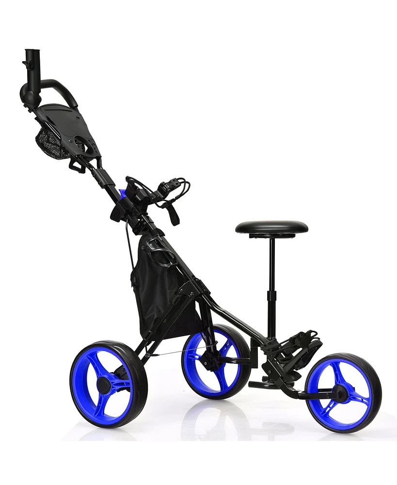 Gymax 3-Wheel Foldable Golf Push Pull Cart Trolley w/ Seat Adjustable Handle