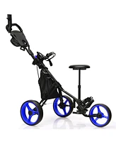 Gymax 3-Wheel Foldable Golf Push Pull Cart Trolley w/ Seat Adjustable Handle