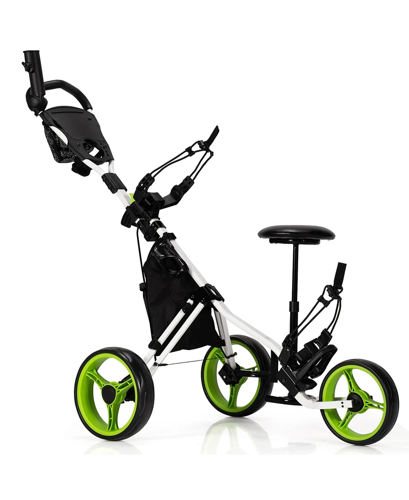 Gymax 3-Wheel Foldable Golf Push Pull Cart Trolley w/ Seat Adjustable Handle