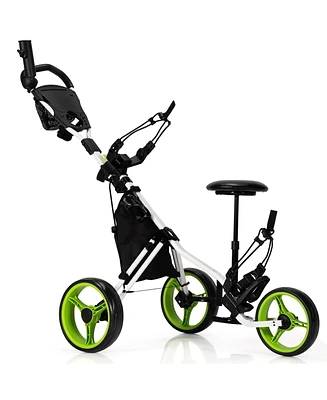 Gymax 3-Wheel Foldable Golf Push Pull Cart Trolley w/ Seat Adjustable Handle