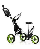 Gymax 3-Wheel Foldable Golf Push Pull Cart Trolley w/ Seat Adjustable Handle