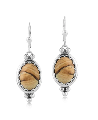 American West Jewelry Sterling Silver Picture Jasper Gemstone Crown Detail Lever Back Earrings