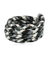 American West Jewelry Sterling Silver Multi-Color Braided Black, White and Gray Leather Coil Wrap Bracelet, 34 Inches