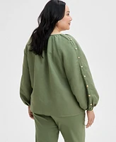 I.n.c. International Concepts Plus Linen-Blend Button-Sleeve Blouse, Exclusively at Macy's