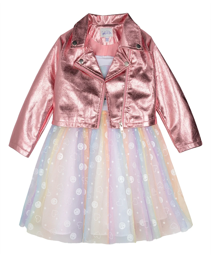 Sparkle & Shine Little Girls Smiley Face Mesh Dress with Metallic Moto Jacket, 2-Piece Set