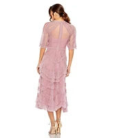 Mac Duggal Women's High Neck Puff Sleeve Ruffle Tiered Dress