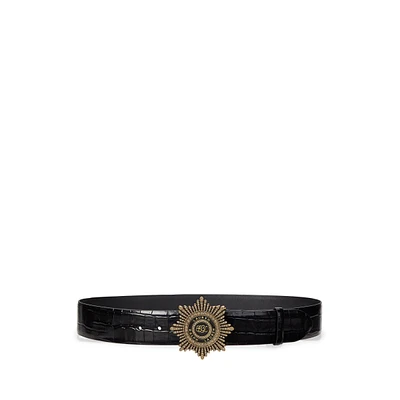 Lauren Ralph Starburst-Buckle Croc-Embossed Wide Belt