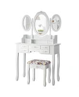 Sugift Vanity Set with Tri-Folding Mirror and Cushioned Stool