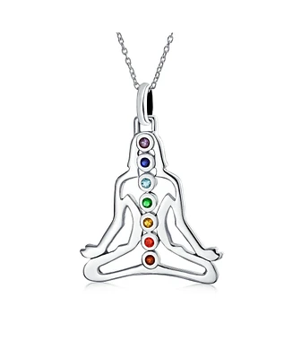 Bling Jewelry Yoga Religious Inspirational Multi Color Stones Meditation Chakra Buddha Pendant Necklace Women .925 Sterling Silver