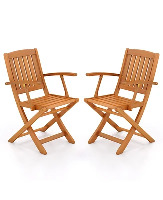 Gouun Patio Wood Folding Chair Set of 2 with Armrests and Slatted Seat