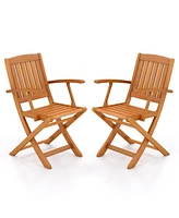 Gouun Patio Wood Folding Chair Set of 2 with Armrests and Slatted Seat