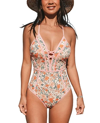 Cupshe Women's Elegant Floral One-Piece Swimsuit with Criss-Cross Front Detail