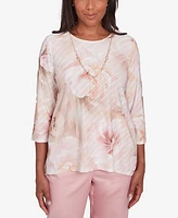 Alfred Dunner Women's Coming Up Roses Textured Watercolor Flower Top with Necklace