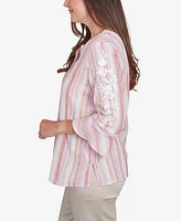 Alfred Dunner Women's Coming Up Roses Striped Button Down Embroidered Sleeve Top