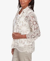 Alfred Dunner Women's Coming up Roses Medallion Lace Two One Top with Necklace