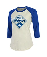 Majestic Women's Cream/Royal Los Angeles Dodgers 2024 World Series Champions Softhand 3/4-Sleeve Raglan T-Shirt