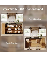 Tribesigns 55" Kitchen Island with Storage, Farmhouse 5-Tier Stationary Island Table with 5 Shelves, Wood Coffee Bar Table Storage Cabinet with Large