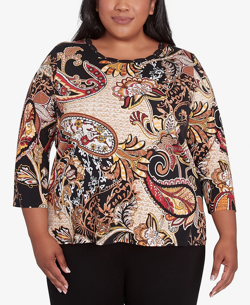 Alfred Dunner Plus Braided Neck Paisley Top