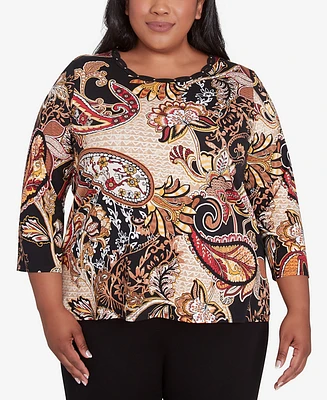 Alfred Dunner Plus Braided Neck Paisley Top