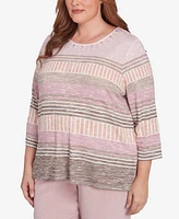 Alfred Dunner Plus Size Telluride Stripe Patchwork Pleated Crew Neck Top