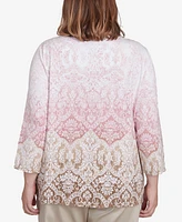 Alfred Dunner Plus Coming Up Roses Ombre Medallion Three Quarter Sleeve Top with Necklace