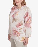 Alfred Dunner Plus Coming Up Roses Crew Neck Floral Sweater