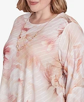 Alfred Dunner Plus Coming Up Roses Textured Watercolor Flower Top with Necklace