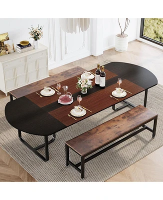 Tribesigns 70.86" Modern Oval Dining Table with Walnut and Black Finish Splicing Board, Curved Kitchen Tables for 6-8, Large Dining Room Table with St