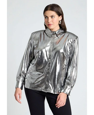 Eloquii Plus Metallic Button Up Top With Shoulder Pad