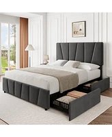 gaomon Full Size Bed Frame with Adjustable Headboard and 4 Storage Drawers, Upholstered Platform Bed Frame