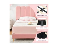 gaomon Pink Twin Bed Frame, Velvet Upholstered Platform Bed Frame with Headboard, Strong Wooden Slats, Noise-Free,No Box Spring Needed