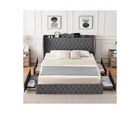 gaomon King Size Bed Frame with Charging Station and 4 Storage Drawers, Velvet Upholstered Tall Tufted Wingback Headboard and Storage Shelf