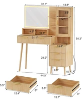 gaomon Makeup Vanity Desk with Lights & Power Outlet, Big Modern Fluted Vanity Desk with 30" Hd Lighted Mirror, 5 Drawers and Storage Shelf，Dre