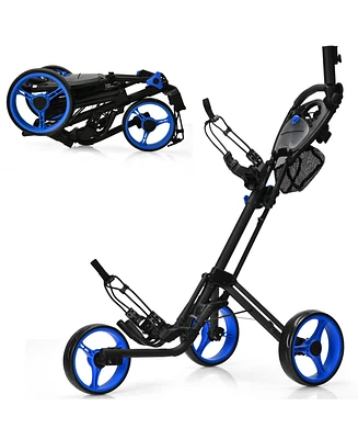 Gymax 3 Wheels Foldable Golf Push Pull Cart Trolley w/ Mesh Bag Foot Brake