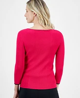 T Tahari Women's Sweetheart-Neck Rib-Knit 3/4-Sleeve Sweater