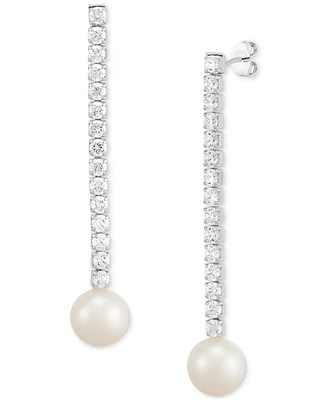 Arabella Cultured Freshwater Pearl (10mm) & Cubic Zirconia Linear Drop Earrings in Sterling Silver