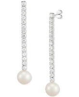 Arabella Cultured Freshwater Pearl (10mm) & Cubic Zirconia Linear Drop Earrings in Sterling Silver