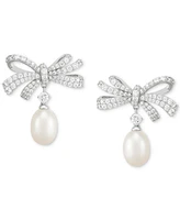 Arabella Cultured Freshwater Oval Pearl (11 x 9mm) & Cubic Zirconia Bow Drop Earrings in Sterling Silver