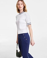 On 34th Womens Tipped Cable Knit Short Sleeve Sweater Solid High Rise Wide Leg Sailor Pants Exclusively At Macys